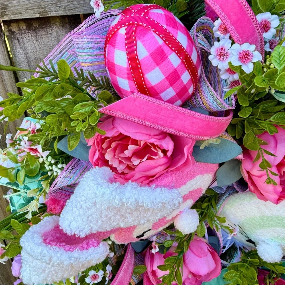 Floral Easter Bunny Wreath with Pink Accents